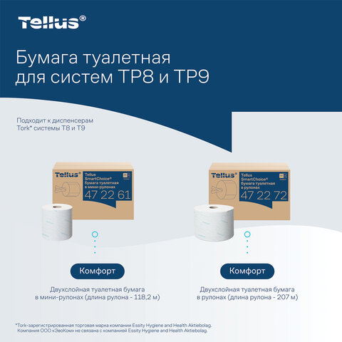 Бумага туалетная 130 м, Tellus/TORK (Система T9) SmartOne, ADVANCED, КОМПЛЕКТ 12 рулонов, 2-слойная, белая, 472261 - фото 11