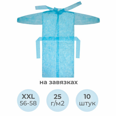 Халат одноразовый голубой на завязках КОМПЛЕКТ 10 шт., XXL, 56-58 размер, 140 см, рукав на резинке, 25 г/м2, СНАБЛАЙН - фото 9