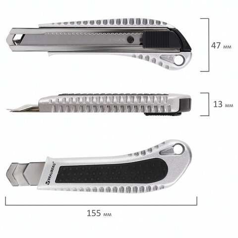 Нож канцелярский 18 мм, КОМПЛЕКТ 2 штуки + 10 ЛЕЗВИЙ, BRAUBERG Metallic, металлический корпус, 273929 - фото 7