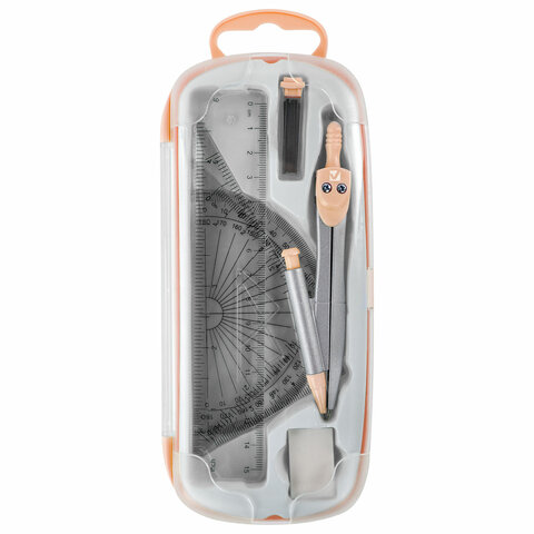 Готовальня BRAUBERG SCHOOL KIT, 9 предметов, циркуль 125 мм, чертежные принадлежности, персиковый цвет, 210715 - фото 3