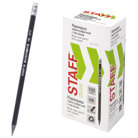 Карандаш чернографитный STAFF "College" BLP-712, 1 шт., НВ, с ластиком, пластик, корпус черный, 181712 - фото 1