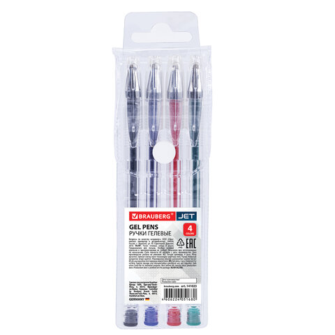 Ручки гелевые BRAUBERG "Jet", НАБОР 4 ЦВЕТА, узел 0,5 мм, линия письма 0,35 мм, 141023 - фото 1