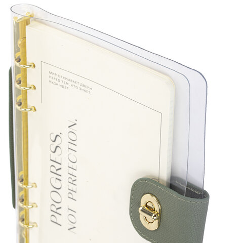 Блокнот А5 180x235 мм, BRAUBERG "Fabulous", гибкий, на кольцах, застежка, 80 л., оливковый, 116195 - фото 3