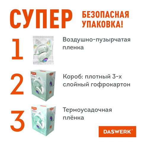 Наушники беспроводные игровые накладные, с ушками, светящиеся, мятные DASWERK STN-28, 513804 - фото 18