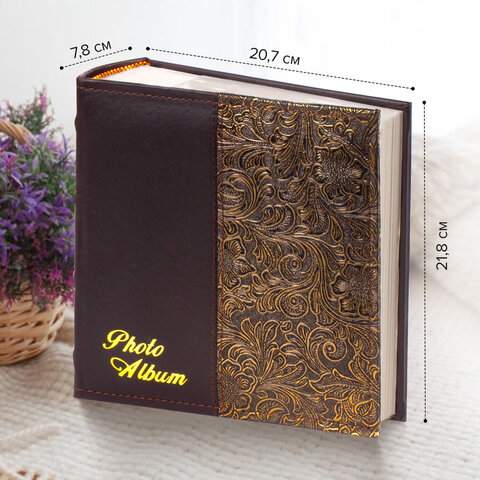 Фотоальбом BRAUBERG на 300 фото 10х15 см, под кожу, бумажные страницы, бокс, коричневый + золото, 391118 - фото 14