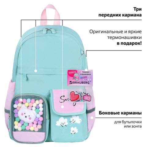 Рюкзак BRAUBERG PASTEL с термонашивками в комплекте, "Funny clouds", мятный, 40х29х14 см, 271421 - фото 12