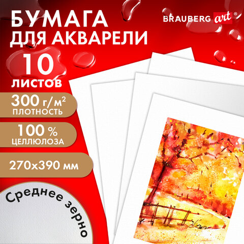 Бумага для акварели 300 г, 270x390 мм, среднее зерно, 10 листов, BRAUBERG ART PREMIERE, 115335 - фото 10
