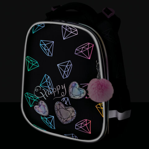 Ранец BRAUBERG LUMINOUS, 2 отделения, с брелоком, "Бриллианты", СВЕТЯЩИЙСЯ РИСУНОК, 38х29х16 см, 272070 - фото 7