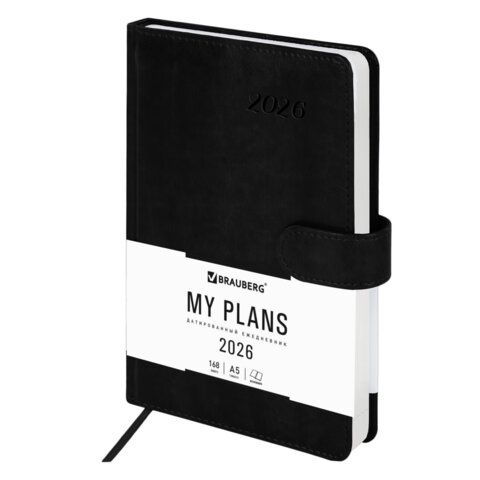 Ежедневник датированный 2026 А5 138x213 мм, BRAUBERG "Legend", под кожу, застежка, черный, 117070 - фото 1