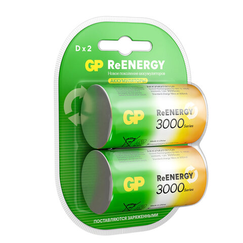 Батарейки аккумуляторные GP ReEnergy Ni-Mh КОМПЛЕКТ 2 шт., D (HR20), 3000 mAh, 300DHCRGY-2CRCB2 - фото 1