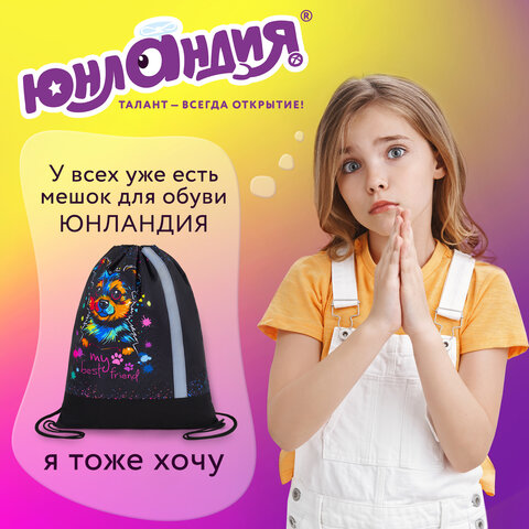 Мешок для обуви ЮНЛАНДИЯ, плотный, светоотражающая полоса, 46х36 см, "True friend", 272410 - фото 12
