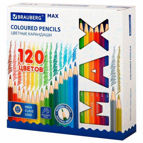 Карандаши цветные супермягкие яркие классические BRAUBERG MAX 120 цветов, шестигранные, натуральное дерево, грифель 3,3 мм, 182006 - фото 1