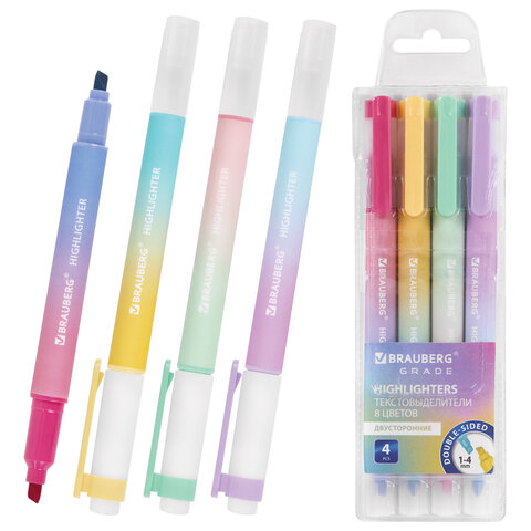 Набор текстовыделителей двусторонних 4 ШТУКИ / 8 ЦВЕТОВ, BRAUBERG "GRADE", линия письма 1-4 мм, 152509 - фото 1