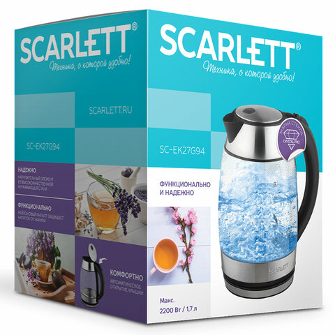 Чайник SCARLETT SC-EK27G94, 1,7 л, 2200 Вт, закрытый нагревательный элемент, стекло, черный - фото 6