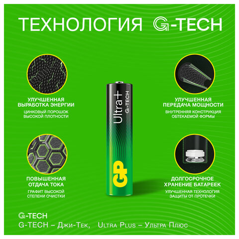 Батарейки КОМПЛЕКТ 4 шт., GP Ultra Plus G-Tech, AAA (LR03), алкалиновые, мизинчиковые, 24AUPA21-2CRSB4 - фото 5