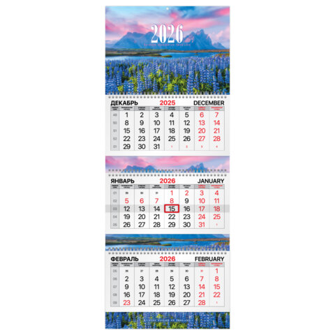 Календарь квартальный 2026 г., 3 блока, 3 гребня, бегунок, мелованная бумага, BRAUBERG EXTRA, "Люпины", 116825 - фото 1