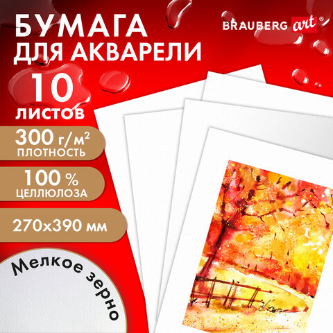 Бумага для акварели 300 г, 270x390 мм, мелкое зерно, 10 листов, BRAUBERG ART PREMIERE, 115334 - фото 4