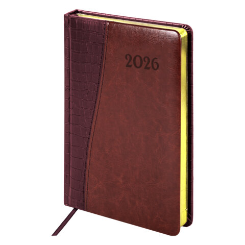 Ежедневник датированный 2026, А5, 138x213 мм, BRAUBERG "Cayman", под кожу, бордовый/коричневый, 117044 - фото 1