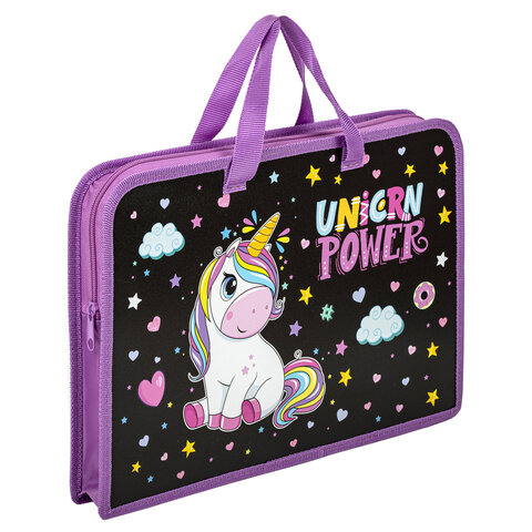 Папка на молнии с ручками ЮНЛАНДИЯ А4, 1 отделение, пластик, ширина 45 мм, "Magic unicorn", 270944 - фото 1