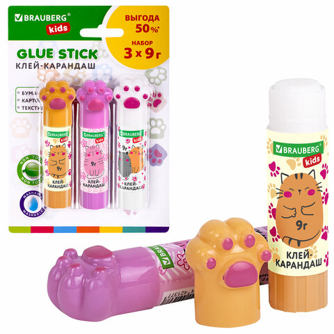 Клей-карандаш "Лапки" Cat Paw, 9 г, фигурный колпачок, 3 шт. на блистере, BRAUBERG KIDS, 271982 - фото 2
