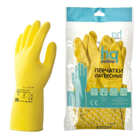 Перчатки латексные КЩС, сверхпрочные, плотные, хлопковое напыление, размер 9,5-10, XL (очень большой), желтые, HQ Profiline, 73590 - фото 1