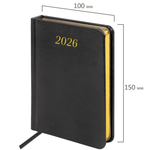 Ежедневник датированный 2026, МАЛЫЙ ФОРМАТ 100х150 мм, А6, BRAUBERG "Iguana", под кожу, черный, 117252 - фото 2