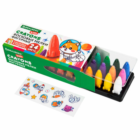 Восковые мелки фигурные BRAUBERG KIDS "РАКЕТА", НАБОР 24 цвета + НАКЛЕЙКИ В ПОДАРОК, 273083 - фото 2