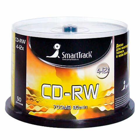 Диски CD-RW SMARTTRACK, 700 Мб, 4-12x, Cake Box (упаковка на шпиле), КОМПЛЕКТ 50 шт., ST000200 - фото 1
