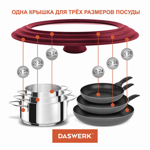 Крышка для любой сковороды и кастрюли универсальная 3 размера (24-26-28 см) бордовая, DASWERK (ДАСВЕРК), 607590 - фото 11