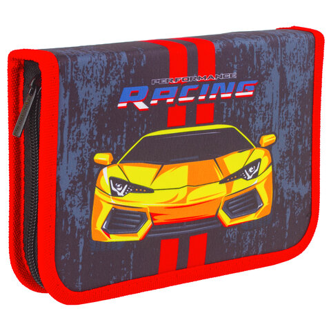 Пенал BRAUBERG с наполнением, 1 отделение, 1 откидная планка, 24 предмета, 21х14 см, "Yellow car", 229292 - фото 1
