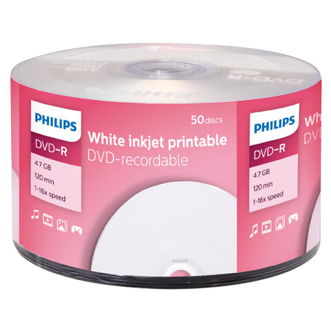 Диск DVD-R PHILIPS 4,7 Гб, 16x, Bulk (термоусадка без шпиля), поверхность для печати, КОМПЛЕКТ 50 шт., DM4I6U50F/97 - фото 1