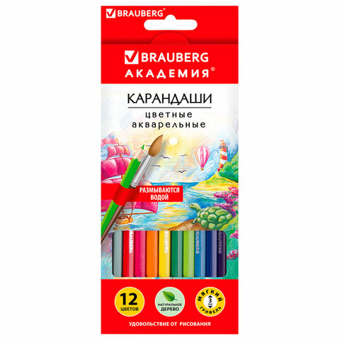 Карандаши цветные акварельные BRAUBERG "АКАДЕМИЯ", 12 цветов, шестигранные, грифель 3 мм, натуральное дерево, 181398 - фото 1