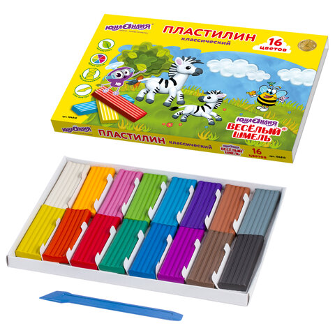 Пластилин классический ЮНЛАНДИЯ "ВЕСЁЛЫЙ ШМЕЛЬ", 16 цветов, 240 г, СО СТЕКОМ, 104810 - фото 2