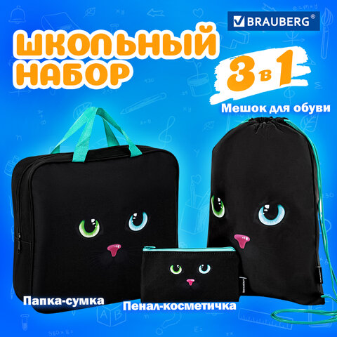 Папка на молнии с ручками А4, мешок для обуви 42х33 см, пенал 20х10 см, "Black cat" НАБОР BRAUBERG, 271434 - фото 8