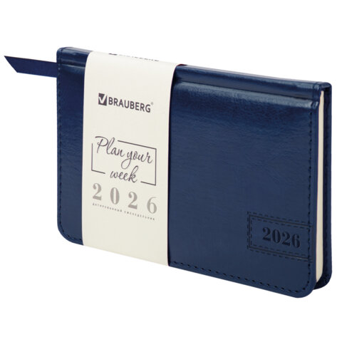 Еженедельник датированный 2026, МАЛЫЙ ФОРМАТ 95х155 мм, А6, BRAUBERG "Imperial", под кожу, синий, 117187 - фото 1