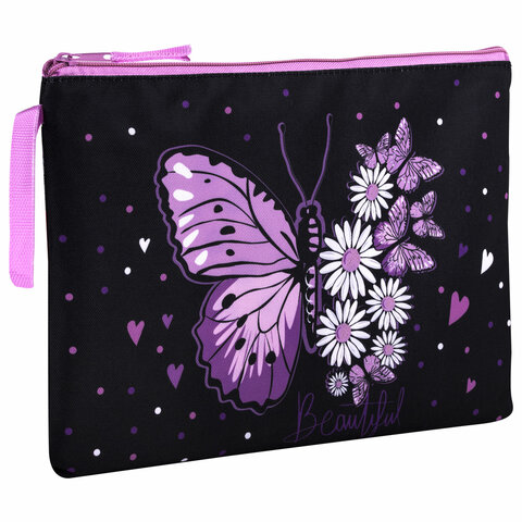 Папка для тетрадей BRAUBERG А4, 1 отделение, полиэстер, на молнии, с ручкой, "Flower butterfly", 271475 - фото 1