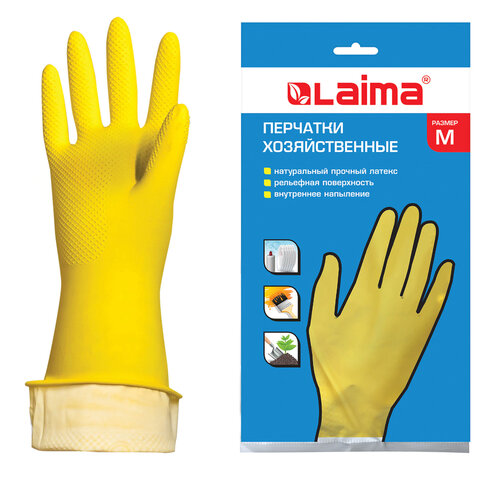Перчатки МНОГОРАЗОВЫЕ латексные LAIMA "СТАНДАРТ", хлопчатобумажное напыление, ПЛОТНЫЕ, размер 7-8, М (средний), желтые, вес 40 г, 600353 - фото 1