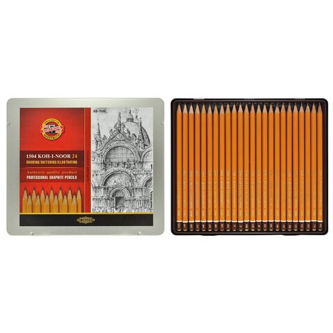 Карандаши чернографитные KOH-I-NOOR 1500, НАБОР 24 шт., 8В-10H, без резинки, металлическая коробка, 1504024001PL - фото 2
