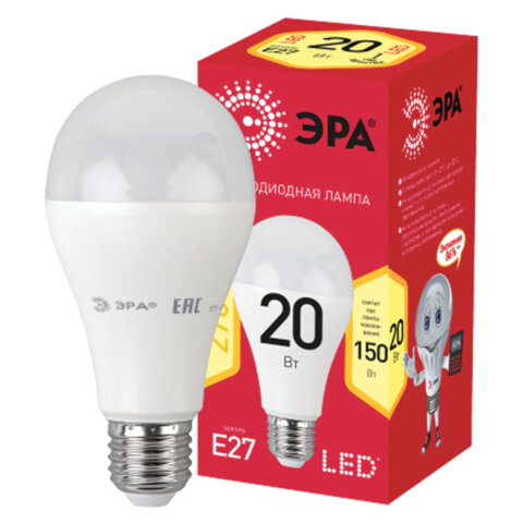 Лампа светодиодная ЭРА RED LINE, 20 (150) Вт, цоколь Е27, груша, теплый белый свет, 25000 ч., LED A65-20W-3000-E27, Б0050687 Лампа светодиодная ЭРА RED LINE, 20 (150) Вт, цоколь Е27, груша, теплый белый свет, 25000 ч., LED A65-20W-3000-E27, Б0050687 - фото 1