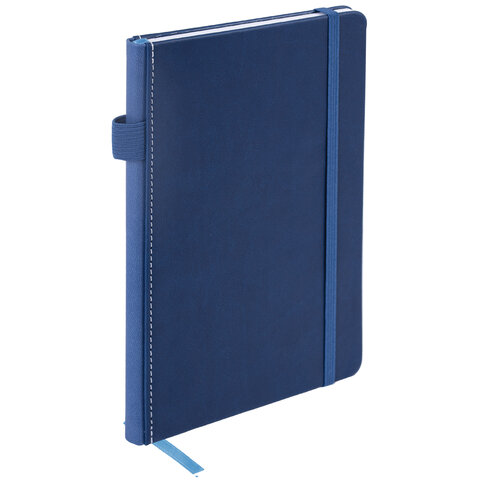 Блокнот А5 135x212 мм BRAUBERG "Edge", под кожу, резинка, держатель, 80 л., клетка, синий, 117149 - фото 1