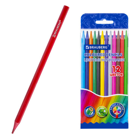 Карандаши цветные BRAUBERG, 12 цветов, цветной корпус, упаковка ПВХ-бокс, шестигранные, 182067 - фото 1