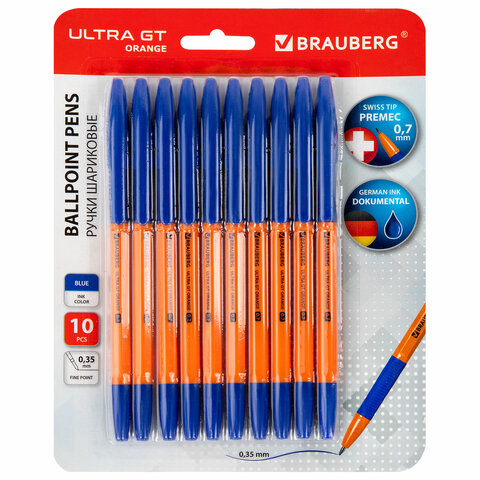 Ручки шариковые с грипом BRAUBERG "ULTRA GT ORANGE", НАБОР 10 ШТУК, СИНИЕ, 0,35 мм, блистер, 144057 - фото 1