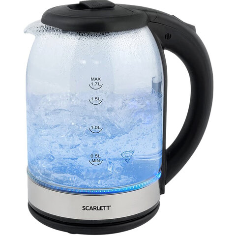 Чайник SCARLETT SC-EK27G10, 1,7 л, 1800 Вт, закрытый нагревательный элемент, стекло, черный - фото 1
