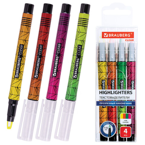 Набор текстовыделителей с прозрачным наконечником 4 ЦВЕТА, BRAUBERG "Clear", линия 1-5 мм, 152426 - фото 1