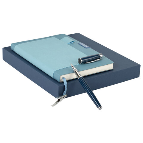 Ежедневник в наборе с ручкой А5, 144x210 мм, BRAUBERG "Style" под кожу, 160 листов, синий, 116862 - фото 4