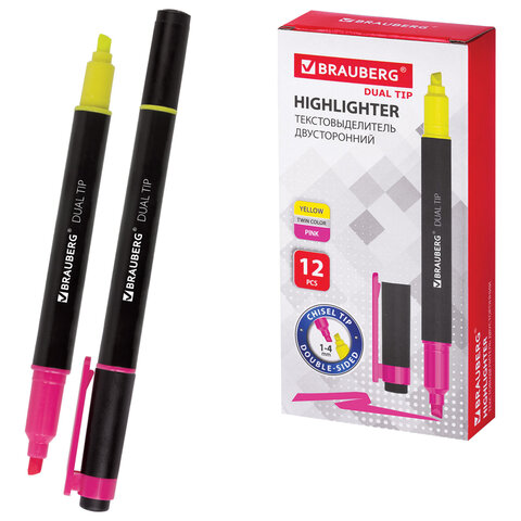 Текстовыделитель двусторонний BRAUBERG, ЖЕЛТЫЙ/РОЗОВЫЙ, линия 1-4 мм, 150840 - фото 1