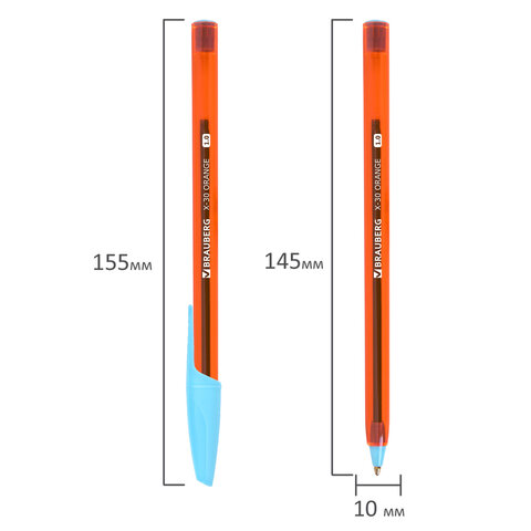 Ручки шариковые BRAUBERG X-30 ORANGE, КОМПЛЕКТ 12 шт., СИНИЕ, пишущий узел 1 мм, линия письма 0,5 мм, 144334 - фото 6