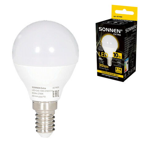 Лампа светодиодная SONNEN EXTRA, 10 (85) Вт, E14, шар, теплый белый, 30000 ч, LED G45-10W-2700-Е14, 457909 - фото 1