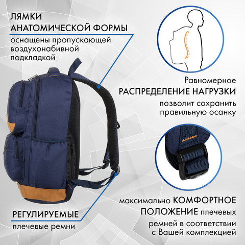 Рюкзак BRAUBERG STATES универсальный, карман-антивор, "Bronx", темно-синий, 46х31х14 см, 226349 - фото 14
