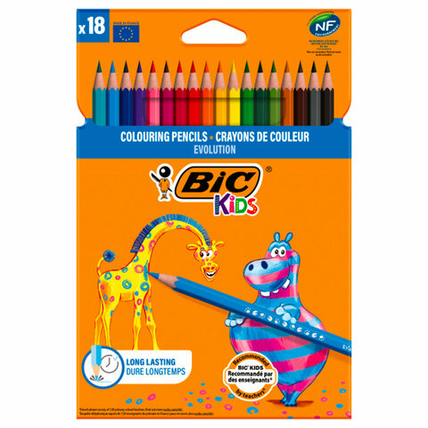 Карандаши цветные BIC "Kids ECOlutions Evolution", 18 цветов, пластиковые, заточенные, европодвес, 937513 - фото 1